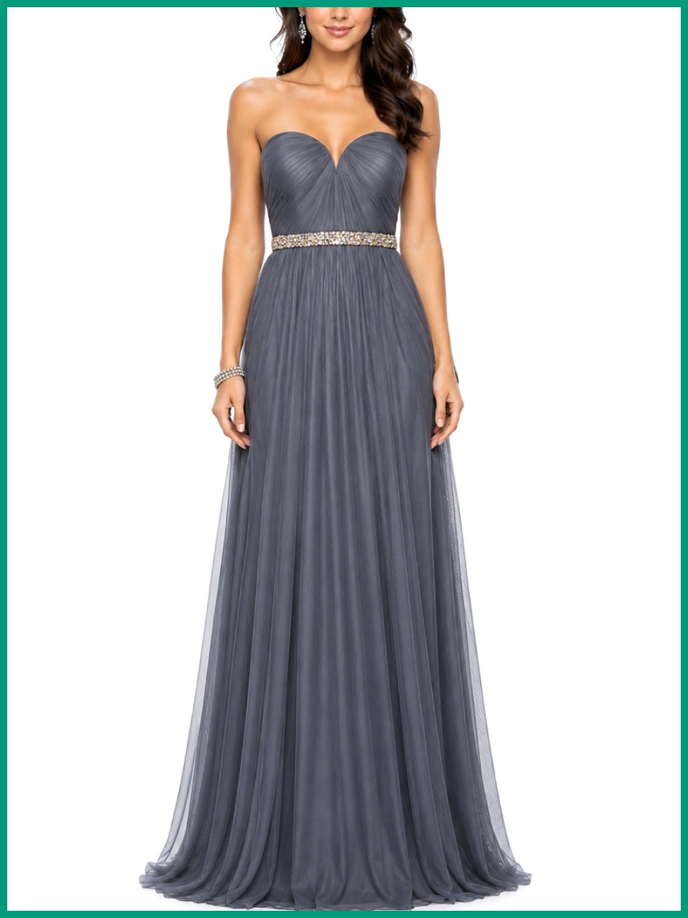 La Femme Strapless Waist Embellished Grey Gown Dress